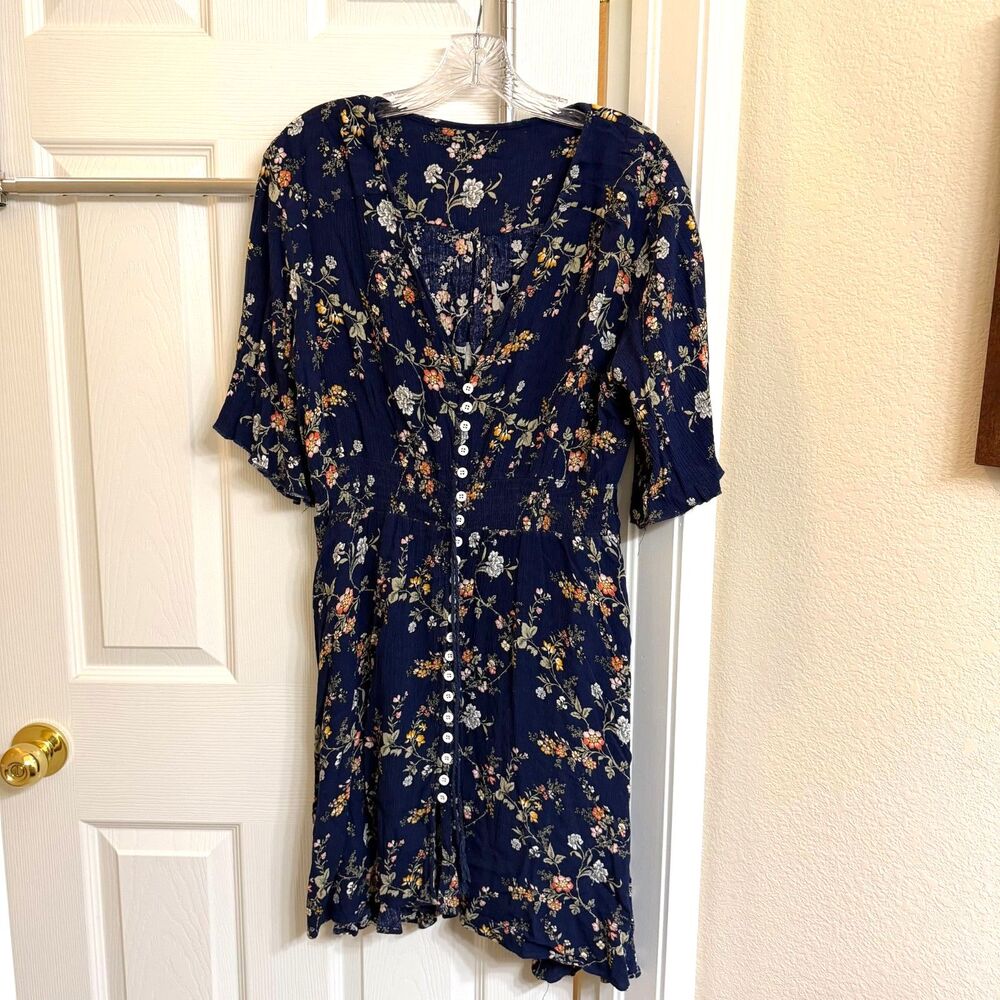 Vintage Boho Style Navy Floral Button-Front Flutter Sleeve Mini Dress